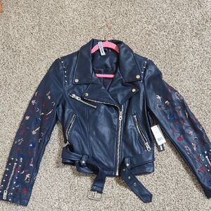 Embellished Navy Blue Faux Leather Jacket Lord & Taylor Sz M New NWT